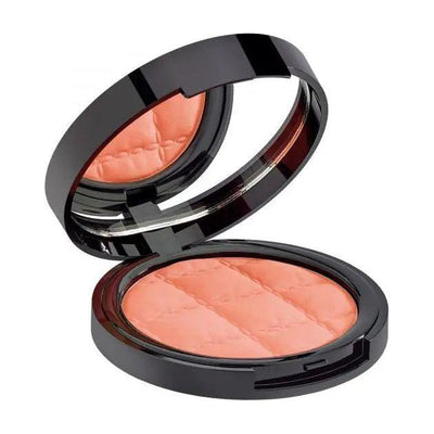 Open compact of Malu Wilz Satin Glow Blush in peach shade for a radiant, luminous finish on cheeks.