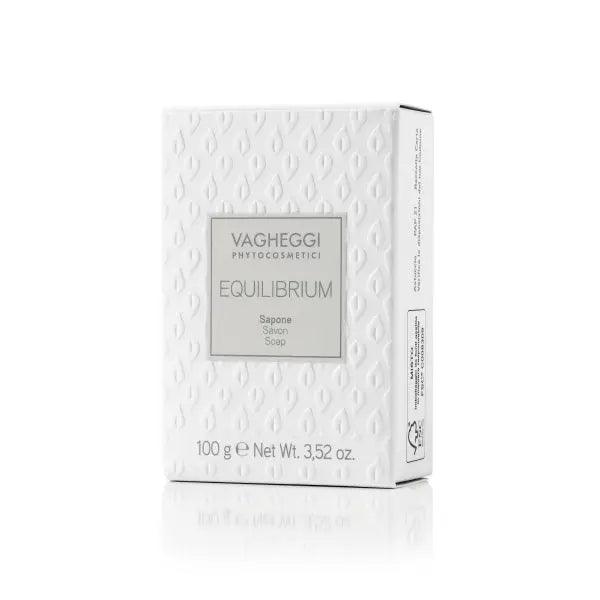 Equilibrium soap bar packaging by Vagheggi, 100g, neutral pH for oily and acne-prone skin, effective cleansing without residue.