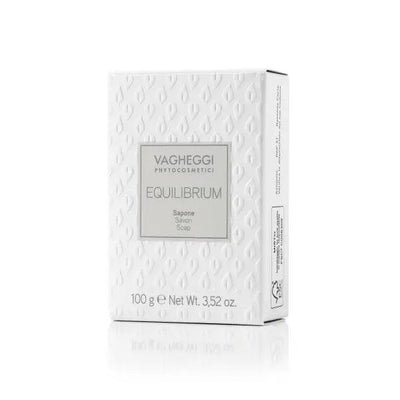 Equilibrium soap bar packaging by Vagheggi, 100g, neutral pH for oily and acne-prone skin, effective cleansing without residue.
