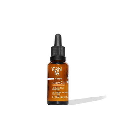 Serum C20 by Yon-Ka in a dropper bottle for anti-aging, radiance, and skin brightening, 30ml size.