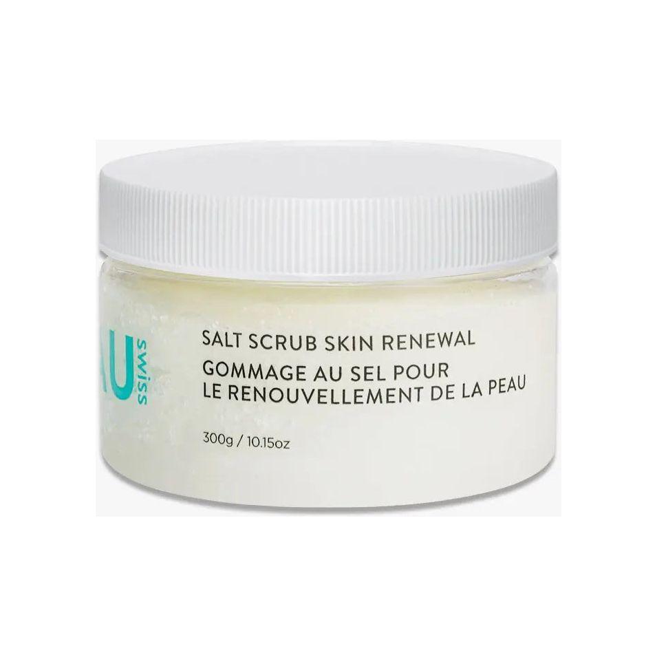Skin Renewal Salt Scrub jar, 300g, designed for exfoliating and revitalizing skin health and beauty.
