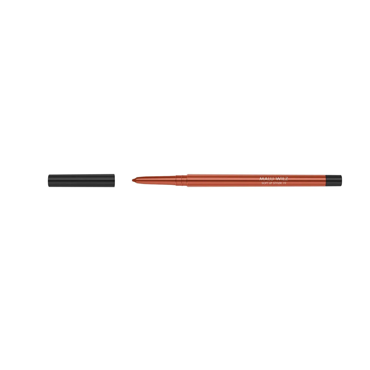 Malu Wilz Soft Lip Pencil in warm brown shade with cap removed, showcasing its smooth texture for easy application.