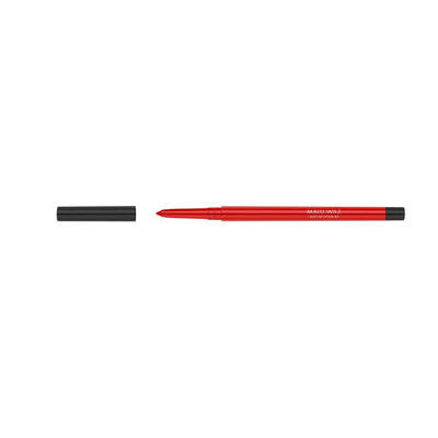 Malu Wilz Soft Lip Pencil in red, showcasing the pencil with cap off, ideal for defining and enhancing lips.