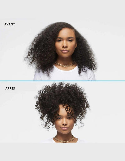 Before and after showing the transformation of curly hair using Redken Texture Paste for defined texture and hold.