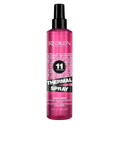 Redken Thermal Spray 11 Low Hold in a pink bottle for heat protection and flexible styling for all hair types.