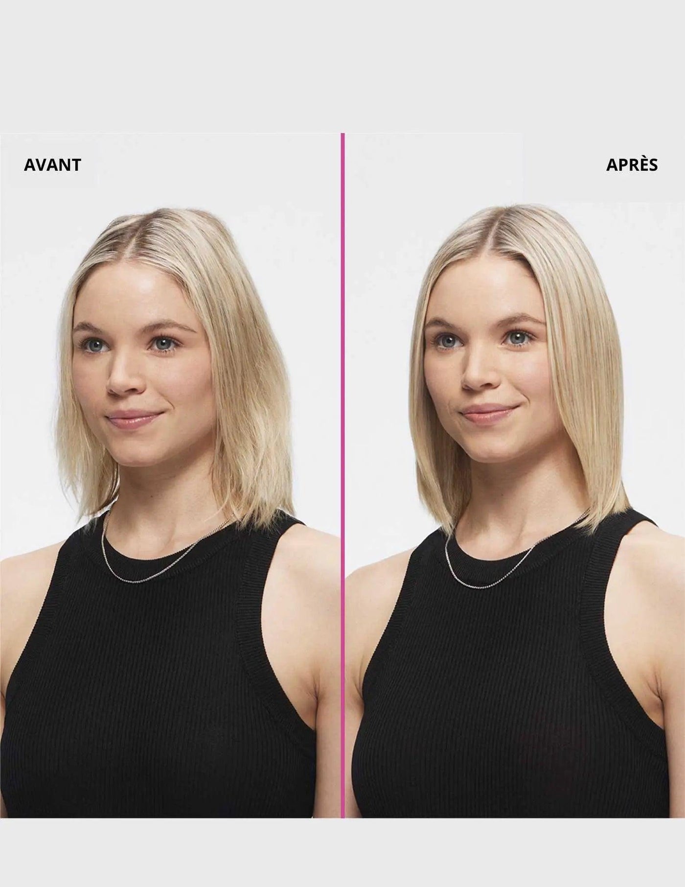 Before and after image of a woman with blonde hair showcasing styling results using Redken Thermal Spray 11 Low Hold.