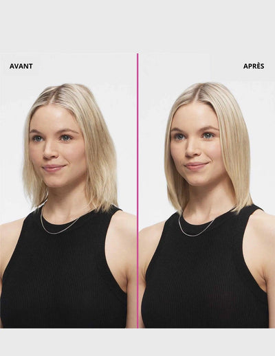 Before and after image of a woman with blonde hair showcasing styling results using Redken Thermal Spray 11 Low Hold.