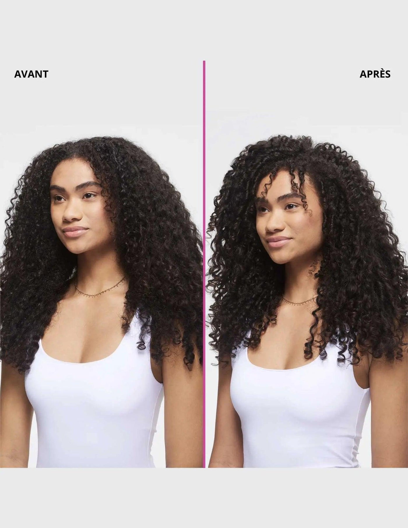 Before and after transformation of model with curly hair, showcasing enhanced style and volume.