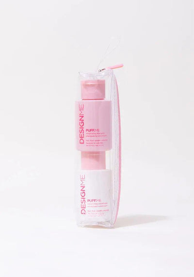 Travel-size PUFF.ME volumizing shampoo and conditioner set in a clear pouch, perfect for great hair days.