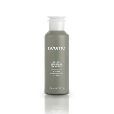 Neuma Re Neu Conditioner bottle with peppermint and vanilla aroma for soft, shiny, and healthy hair. 250 mL size.