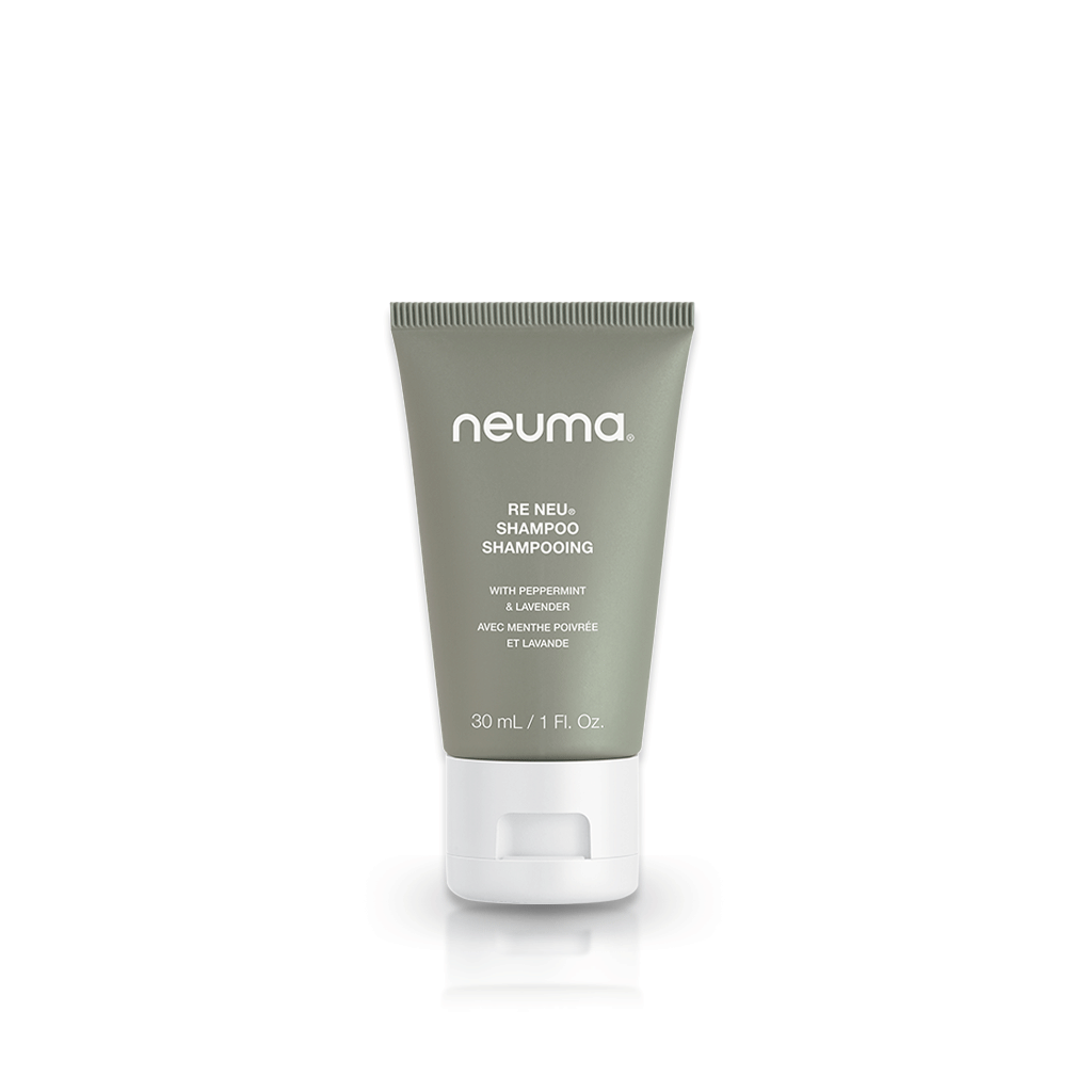 Neuma Re Neu Clarifying Shampoo, 30ml tube with peppermint and vanilla scent, sulfate-free and gentle cleansing formula.