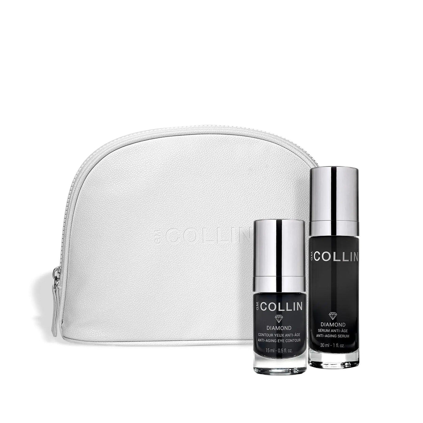 Winter Wonders luxurious diamond skincare set with serum, eye contour, and vegan leather pouch for radiant skin.