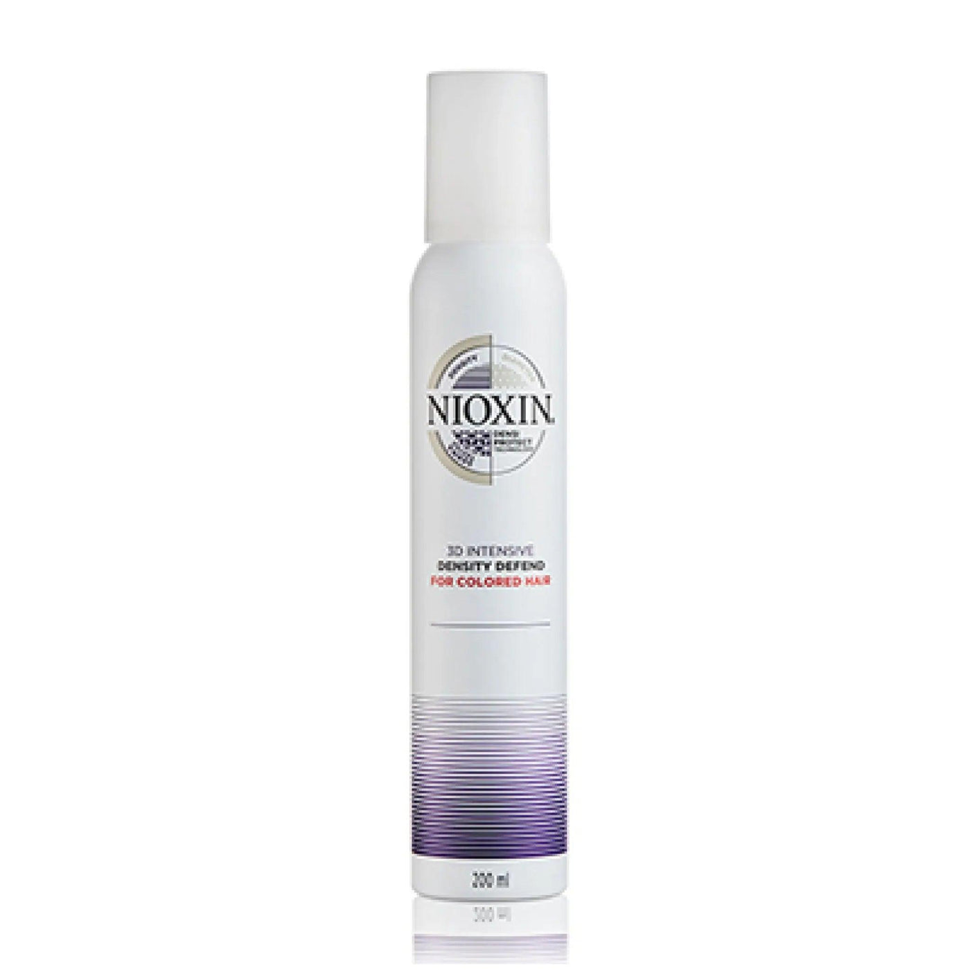 Nioxin 3D Intensive Care Density Defend leave-in foam for colored hair, 200ml bottle, reduces hair breakage and enhances vibrancy.