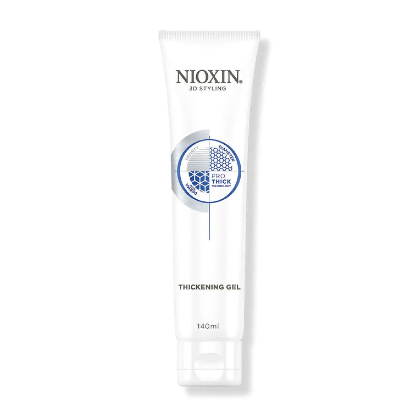 Nioxin 3D Styling Thickening Gel tube for hair volumizing and strong hold, ideal for short to mid-length hairstyles.