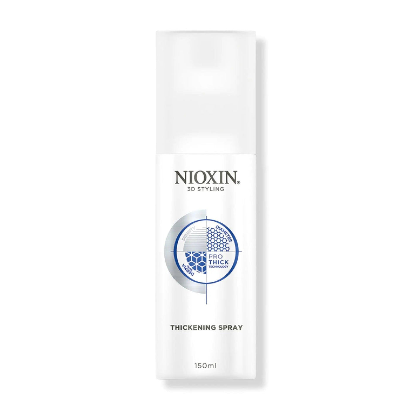 Nioxin 3D Styling Thickening Spray bottle for texture and volume, 150ml, enhances hair manageability and fullness.