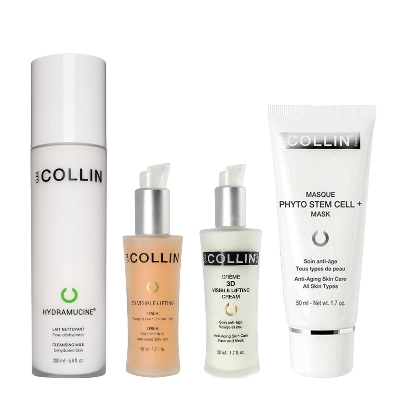 Firming Bundle for Dry Skin featuring Hydramucine Cleansing Milk, 3D Visible Lifting Serum, Cream, and Phyto Stem Cell+ Mask.