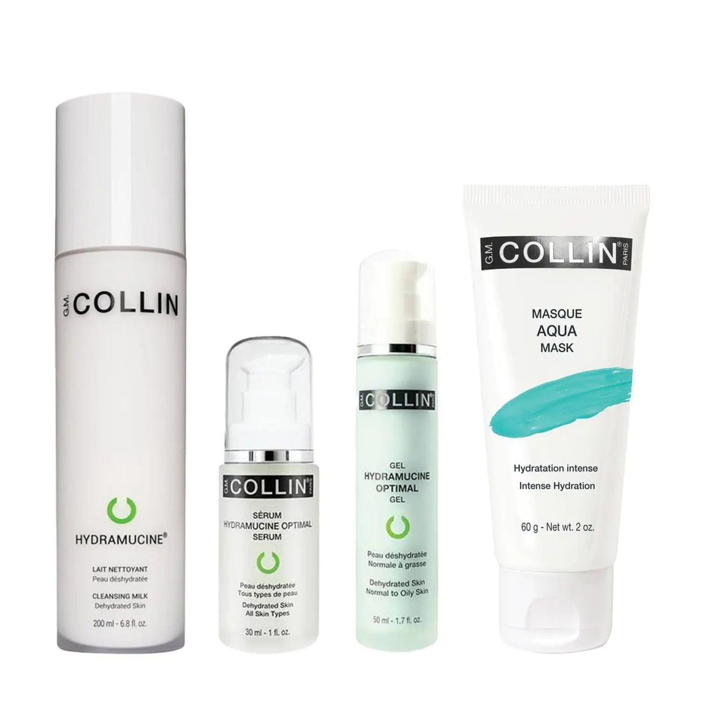 Hydrating Bundle for Dry Skin featuring Hydramucine Cleansing Milk, Optimal Serum, Gel, and Aqua Mask. Ideal skincare solution.