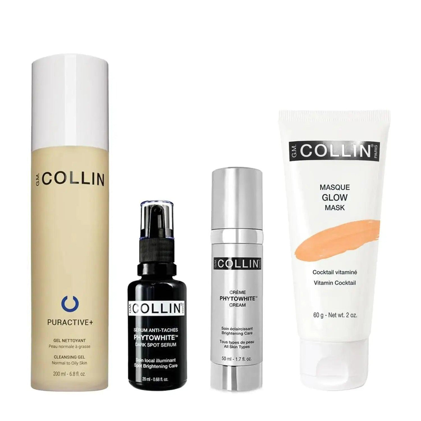 Pigment Control Bundle for Normal/Combo Skin featuring Puractive+ Cleanser, Phytowhite Serum, Moisturizer, and Glow Mask.