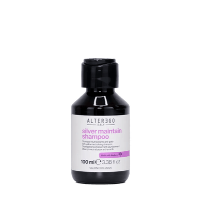Silver Maintain Shampoo 100ml bottle by Alter Ego, gently cleanses, enhances shine, and fights yellow tones.
