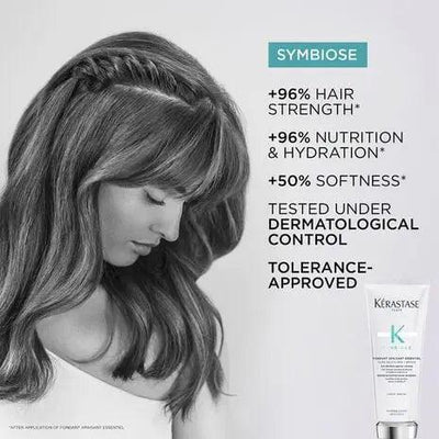 Kerastase Symbiose hair treatment image showcasing benefits: +96% strength, hydration, and +50% softness. Tolerance-approved.
