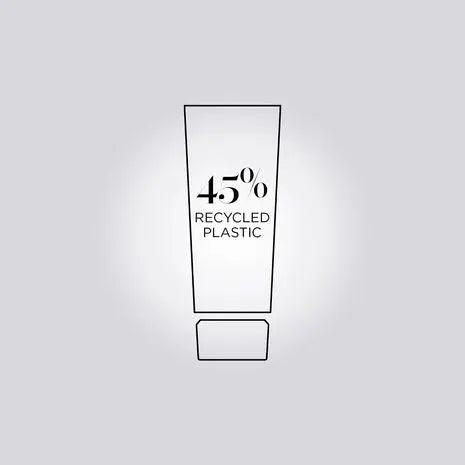 Tube design with text highlighting 45% recycled plastic content for sustainable packaging.