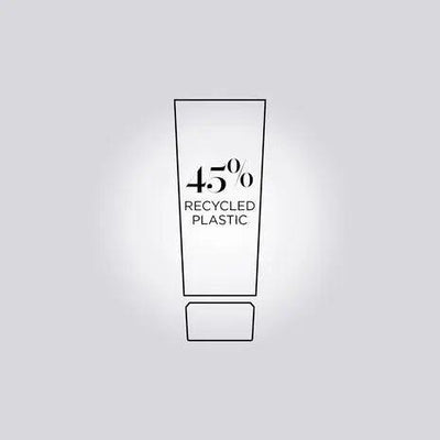 Tube design with text highlighting 45% recycled plastic content for sustainable packaging.