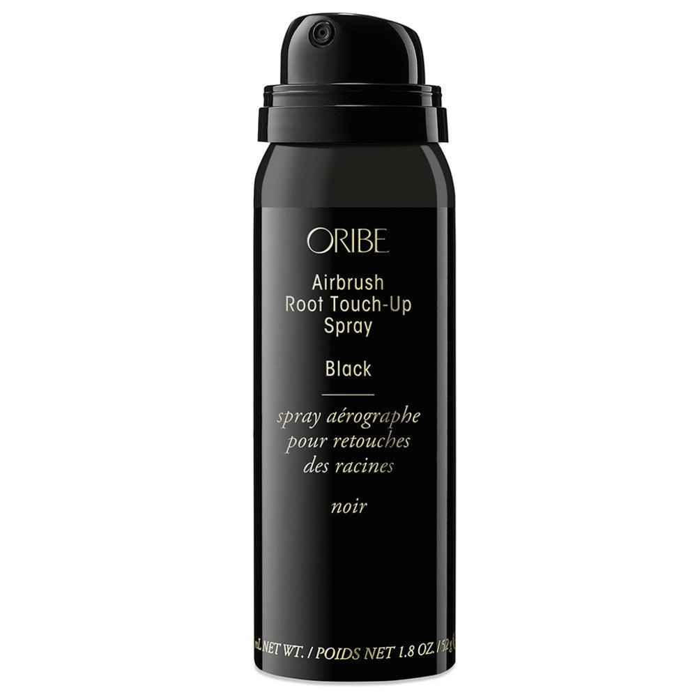 Oribe Airbrush Root Touch-Up Spray in black for covering hair roots, 1.8 oz can. Ideal for quick hair root touch-ups and color enhancement.