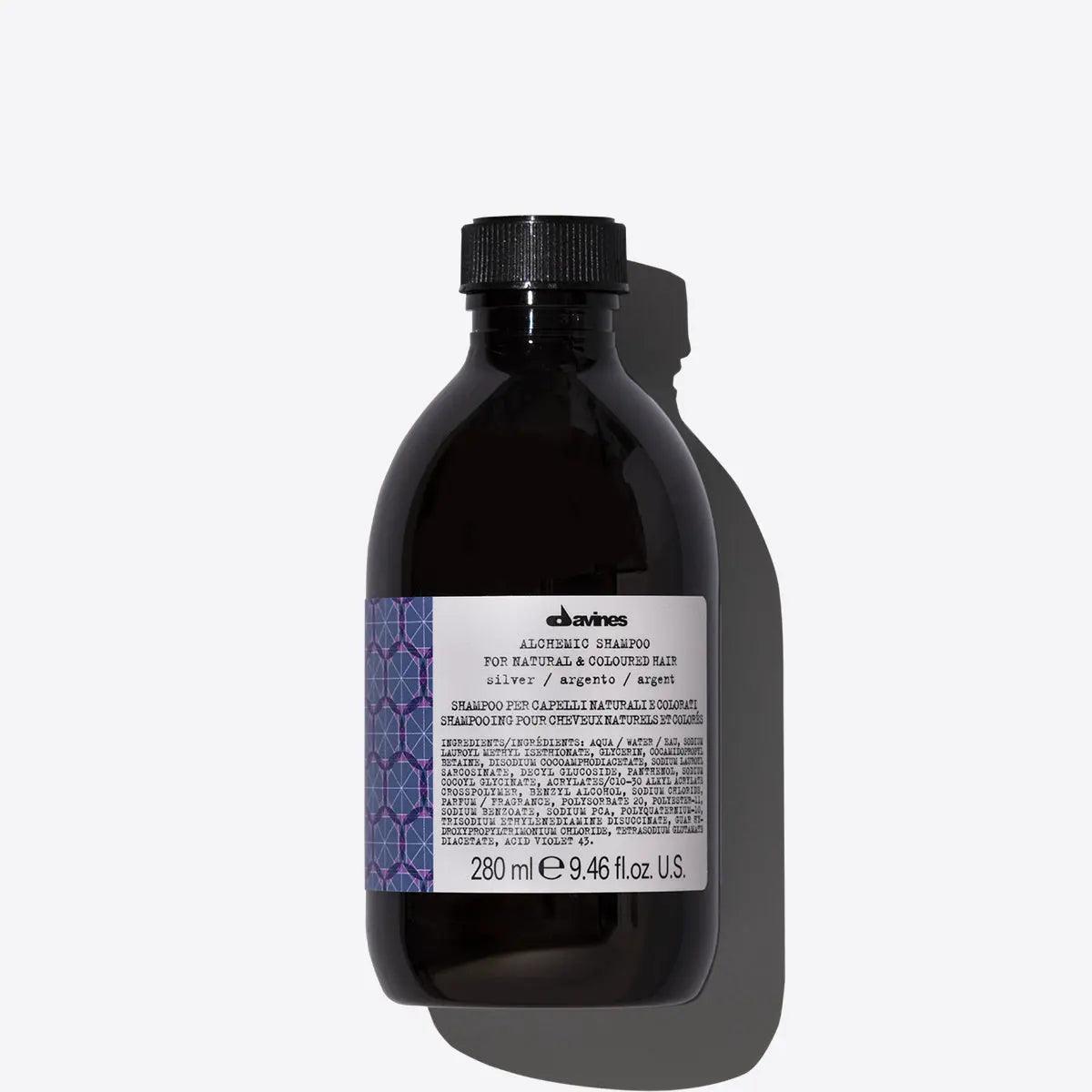 Alchemic Shampoo Silver bottle for enhancing cool blonde tones and illuminating platinum shades, 280 ml.