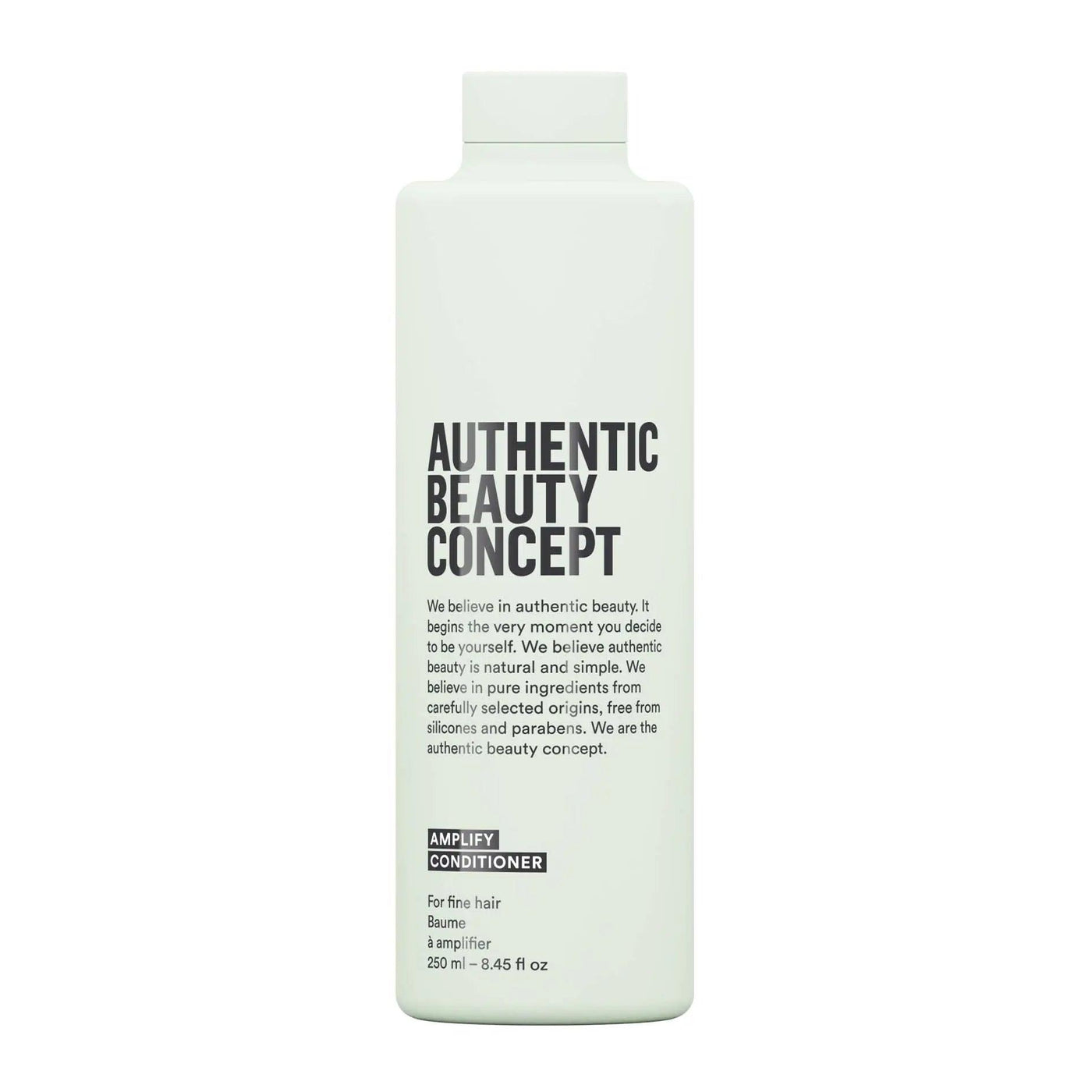 Authentic Beauty Concept Amplify Conditioner bottle for fine hair, lightweight, vegan, and free from parabens and silicones.