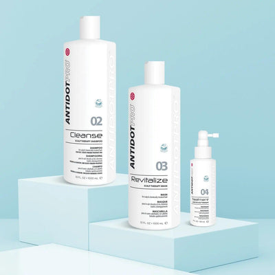 AntidotPro 02 Cleanse, 03 Revitalize, and 04 Treatment for scalp health and cleansing system on display.