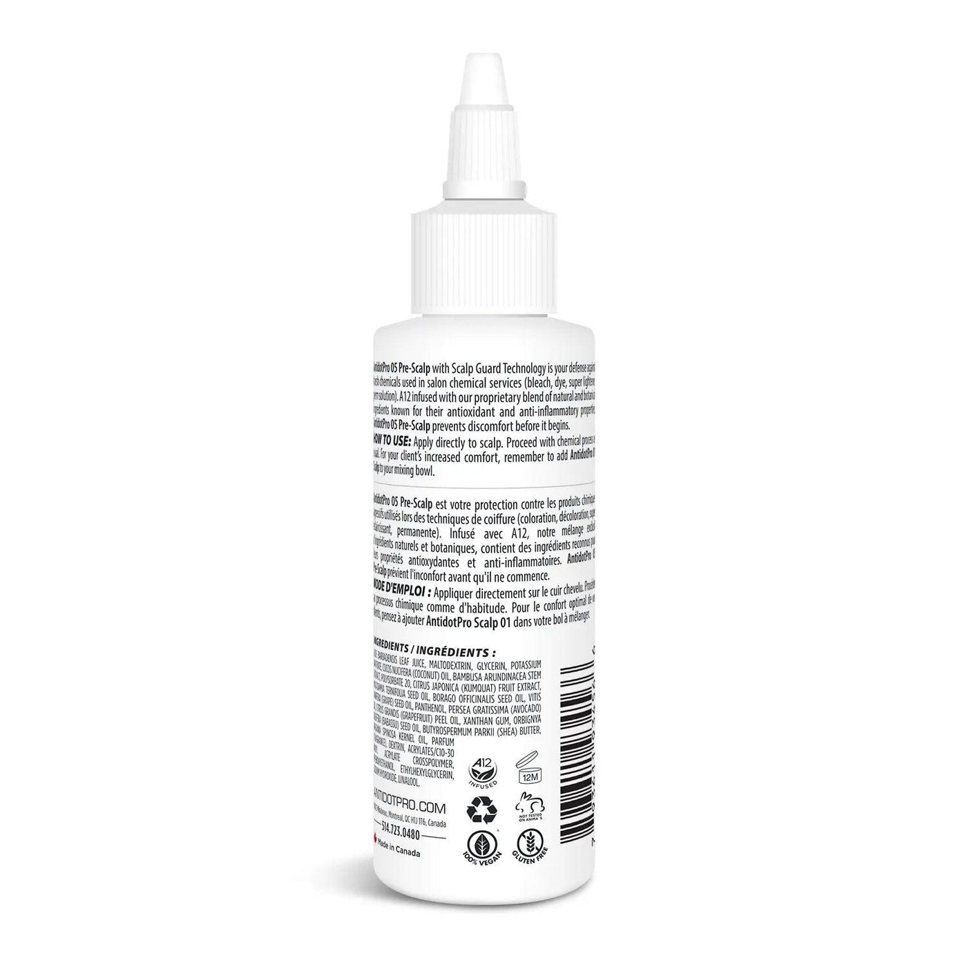 AntidotPro 05 Pre-Scalp 120ML bottle showing ingredient list and application instructions for scalp protection.