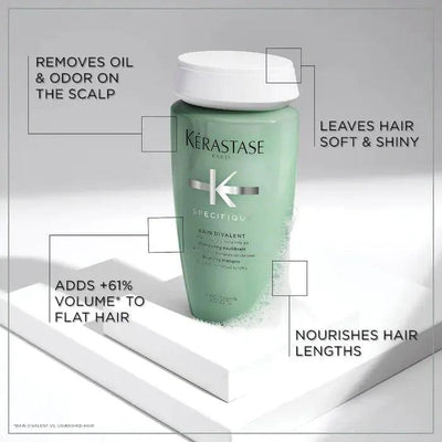 Kérastase Specifique Bain Divalent shampoo bottle for oily scalp, adds volume, leaves hair soft and shiny, nourishes hair lengths