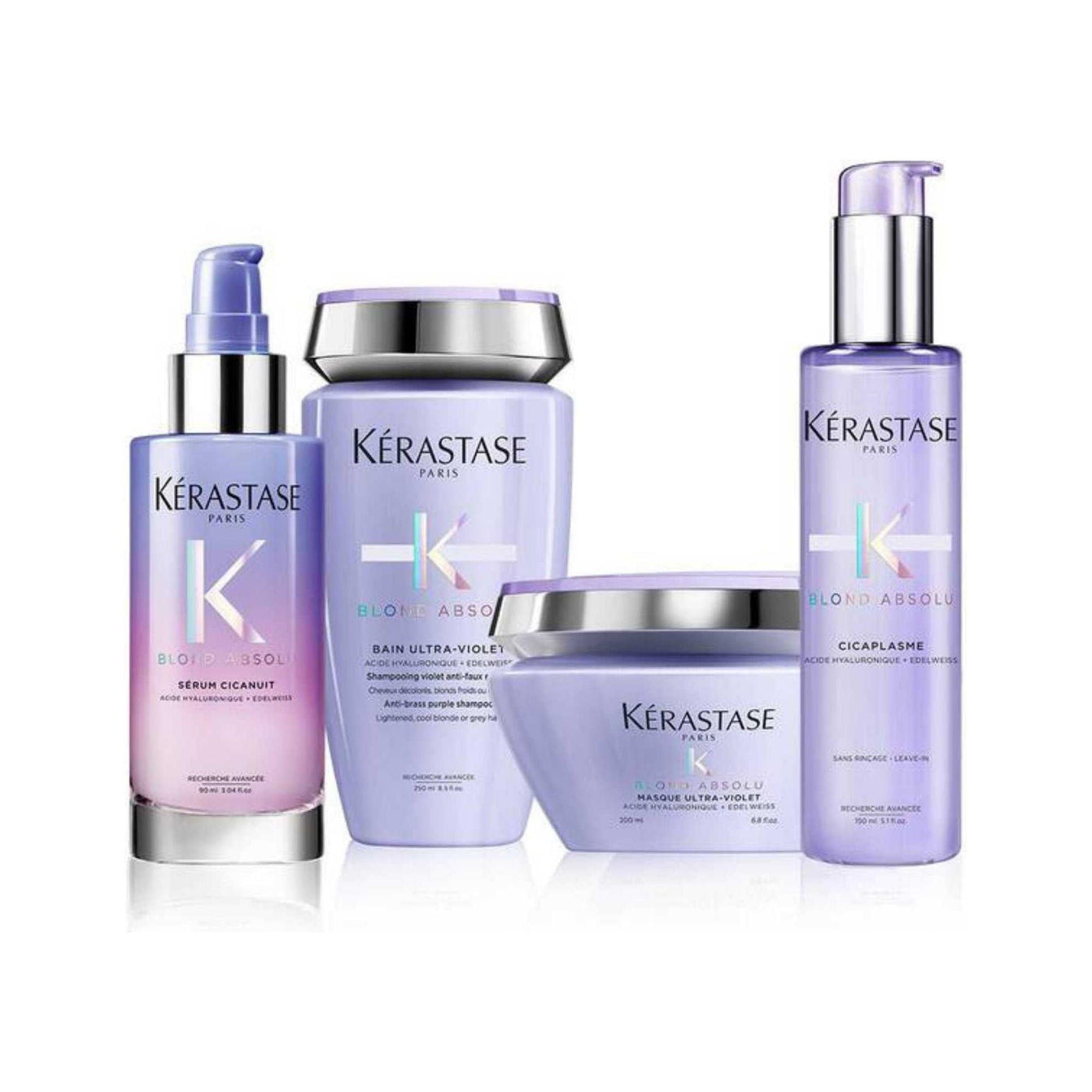 Kérastase Blond Absolu products for cool blonde hair recovery and colour maintenance, including serum and shampoo.