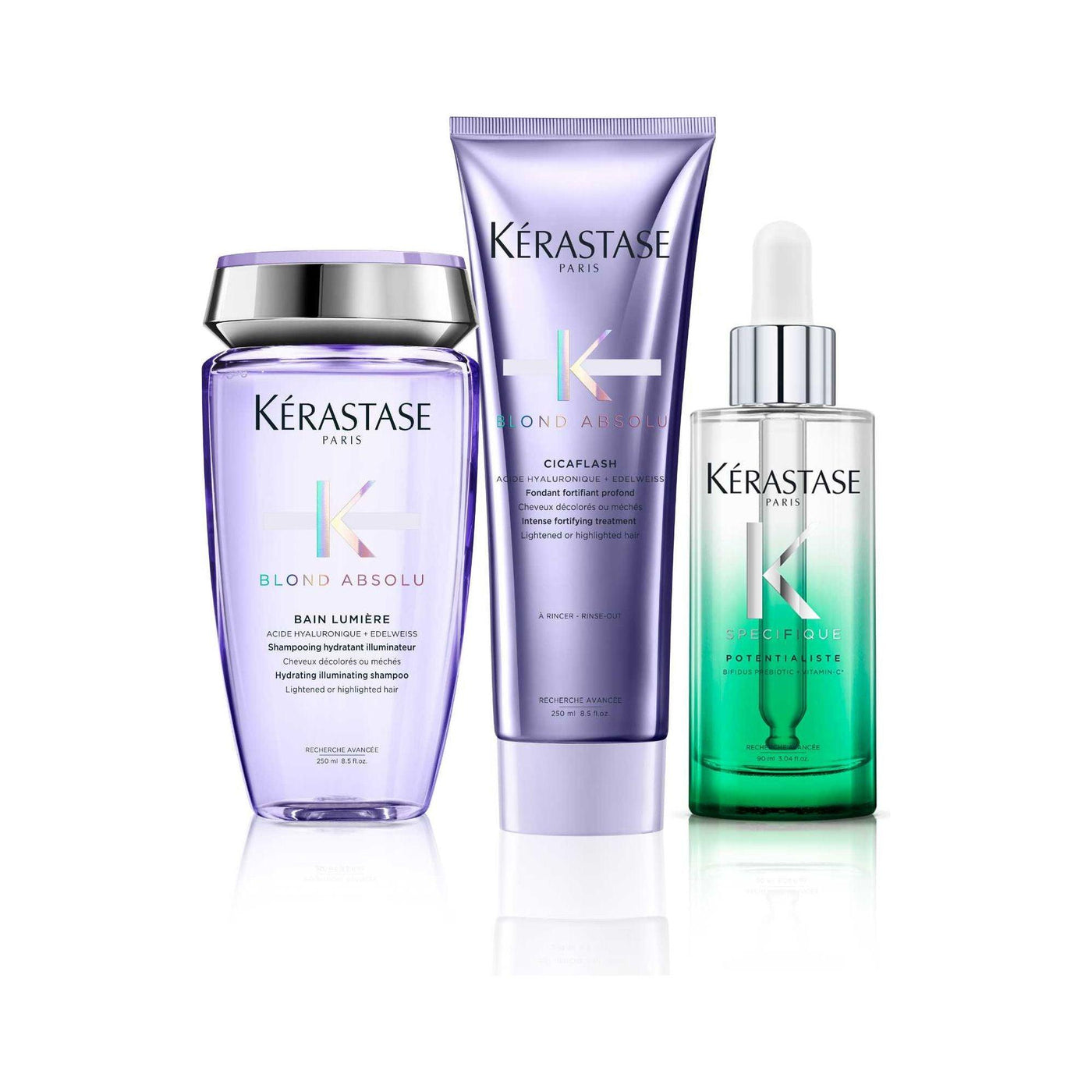 Kérastase Blond Absolu set with Bain Lumière shampoo, Fondant conditioner, and Potentialiste serum for luminous hair.