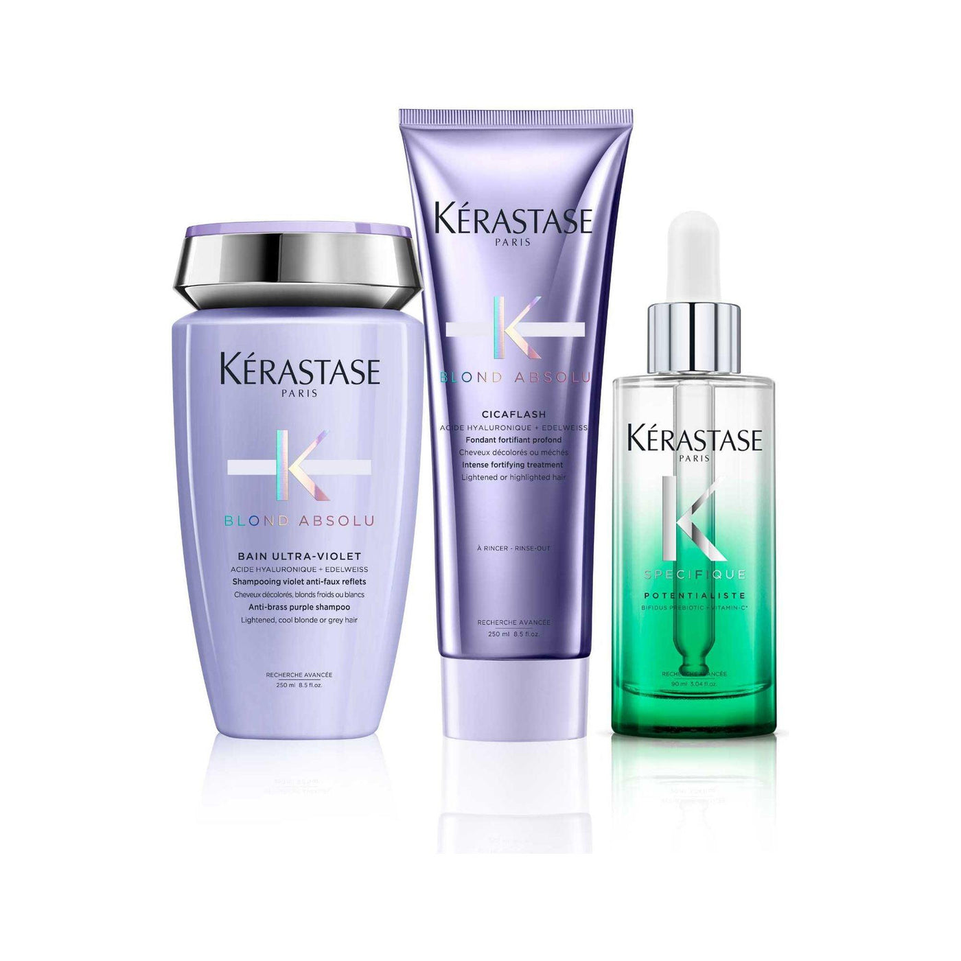 Kérastase Blond Absolu and Potentialiste set, including Bain Ultra-Violet and Cicaflash for neutralizing and scalp health.