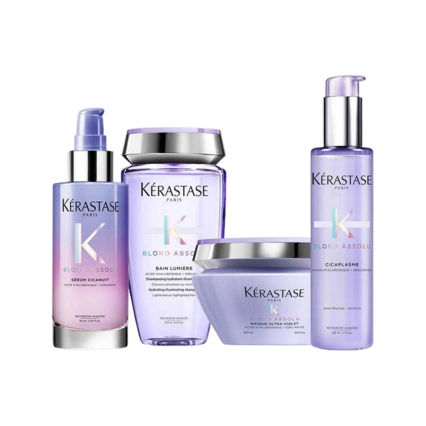 Kérastase Blond Absolu products for strengthening and hydrating blonde hair, including shampoo, mask, and serum.