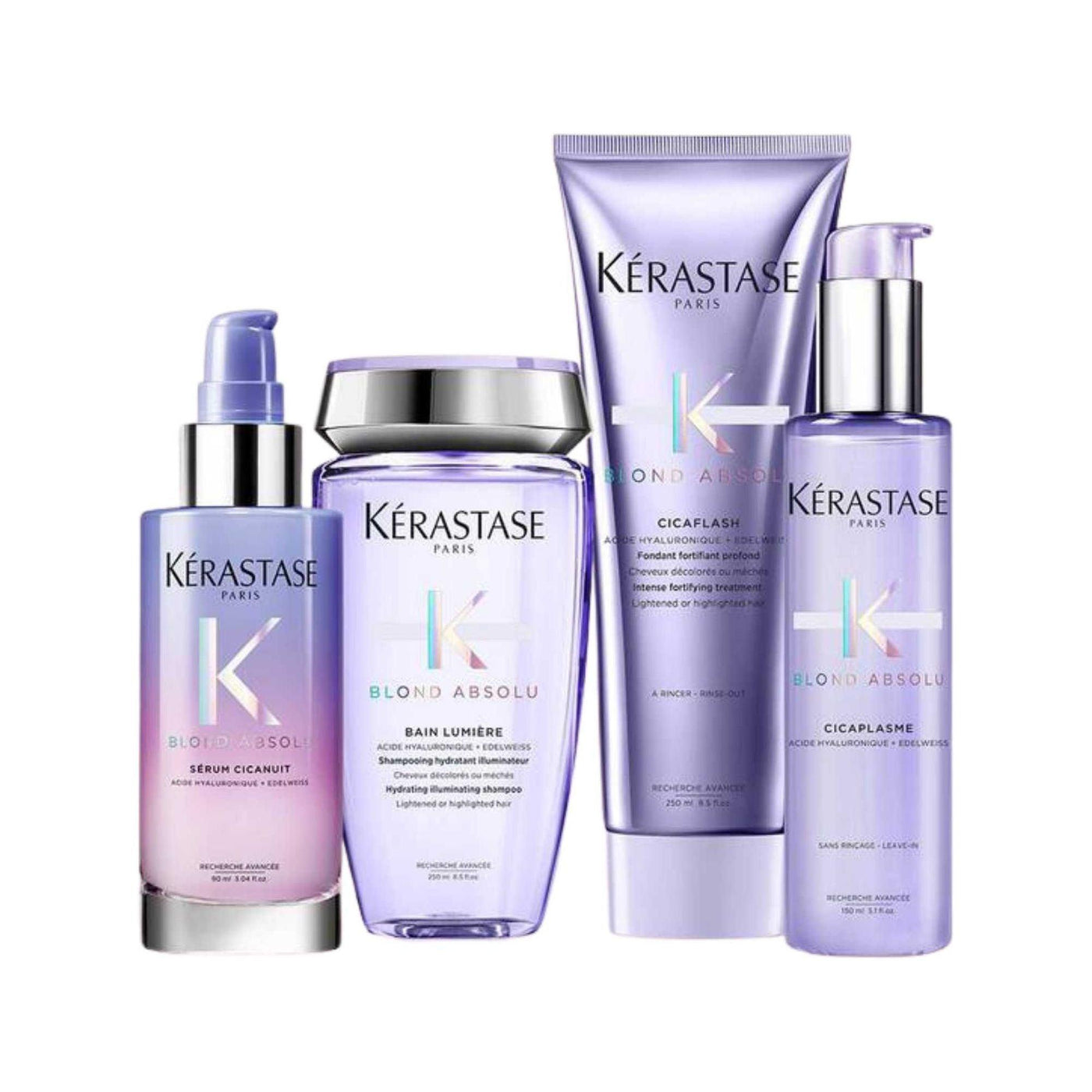 Kérastase Blond Absolu set featuring Bain Lumière shampoo, Sérum Cicaplasme, and Cicaplash for shiny and moisturized blonde hair.
