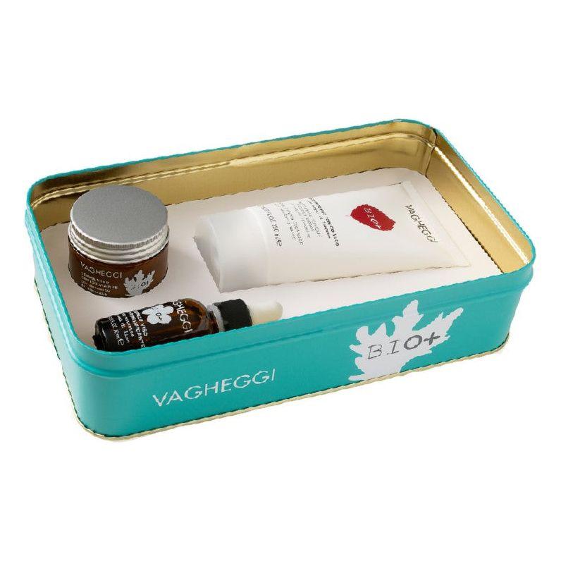Vagheggi BIO+ skincare gift set featuring creams and serums in a stylish turquoise tin.