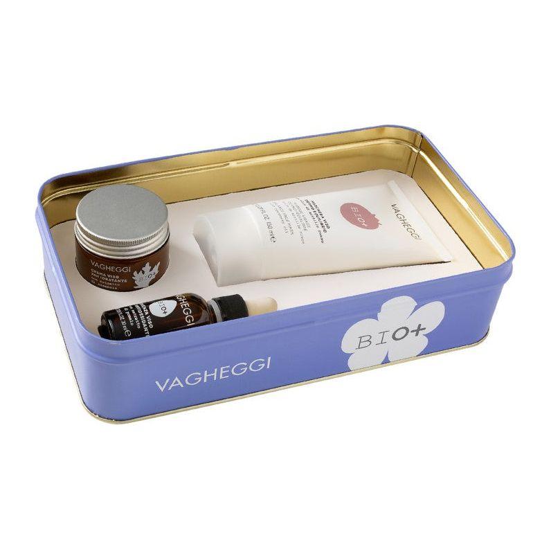 Vagheggi Bio+ skincare set in a decorative tin, featuring moisturizing cream and other natural products.