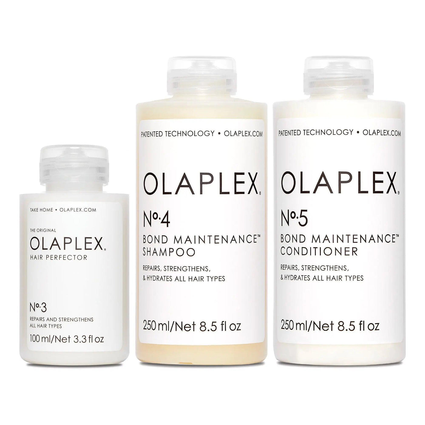 Olaplex Bond Maintenance System Kit featuring No.3 Hair Perfector, No.4 Shampoo, and No.5 Conditioner for all hair types.