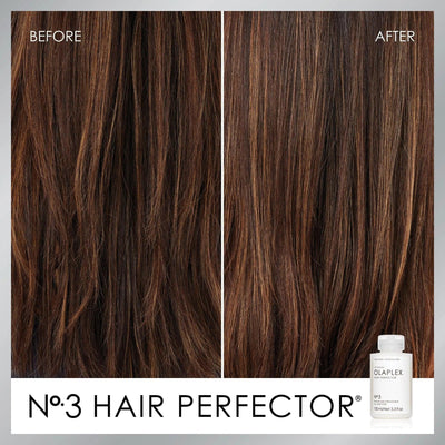 Before and after results of OLAPLEX No.3 Hair Perfector showcasing improved hair strength and reduced breakage.