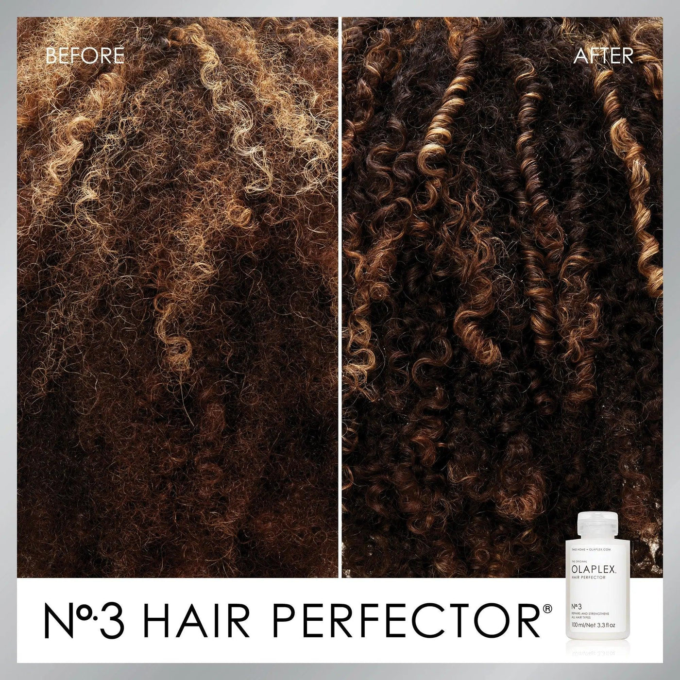 Before and after results of No.3 Hair Perfector, showcasing improved curl definition and hair strength.