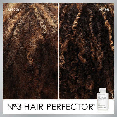 Before and after results of No.3 Hair Perfector, showcasing improved curl definition and hair strength.