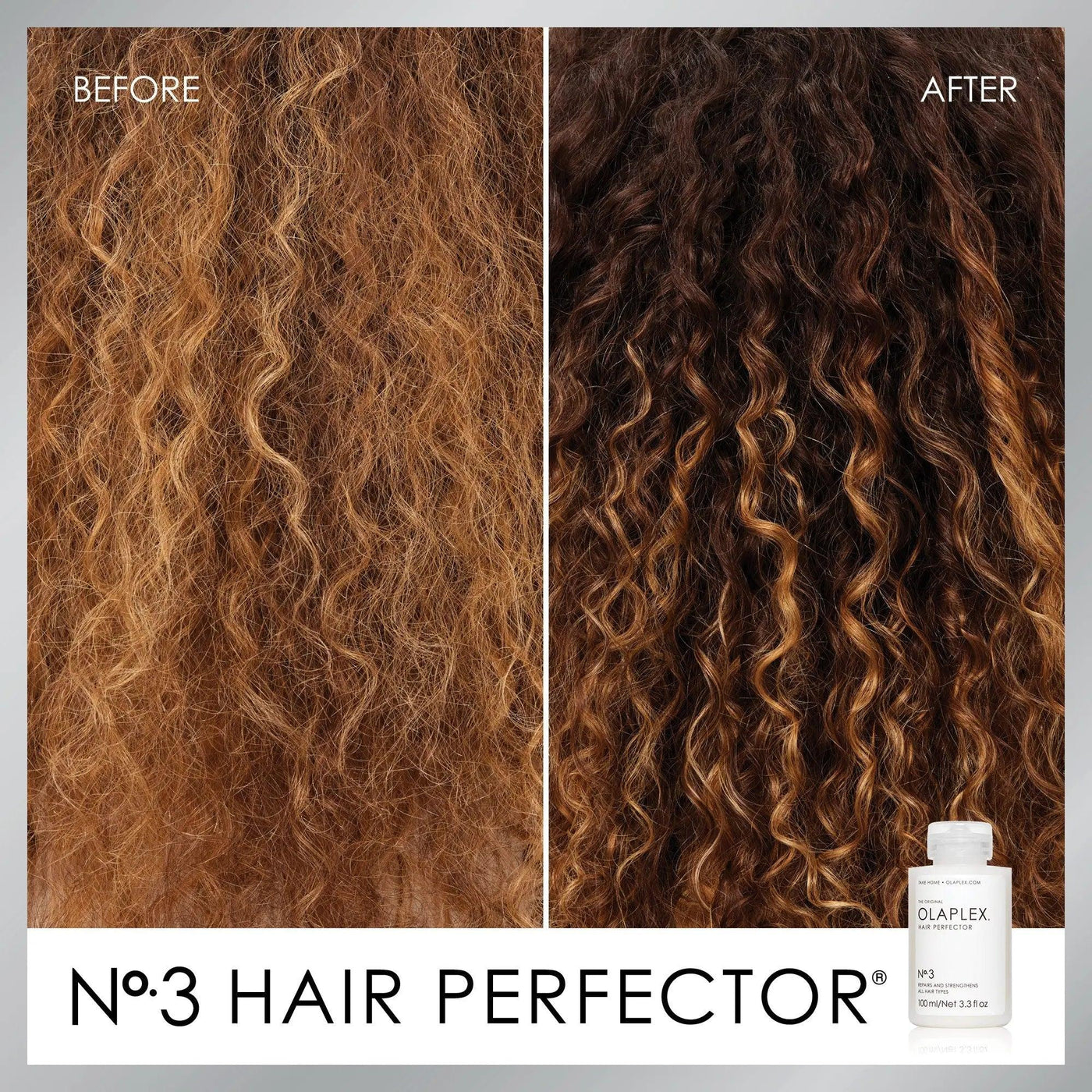 Before and after transformation using No.3 Hair Perfector for stronger, healthier curls. OLAPLEX bonding treatment.