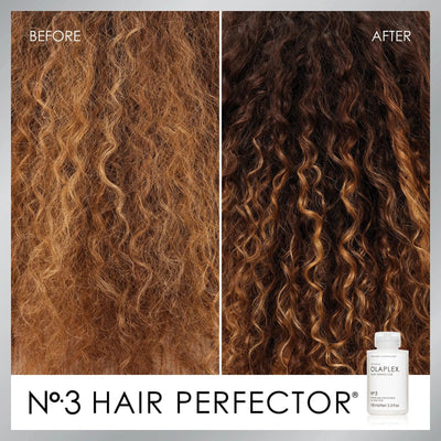 Before and after transformation using No.3 Hair Perfector for stronger, healthier curls. OLAPLEX bonding treatment.
