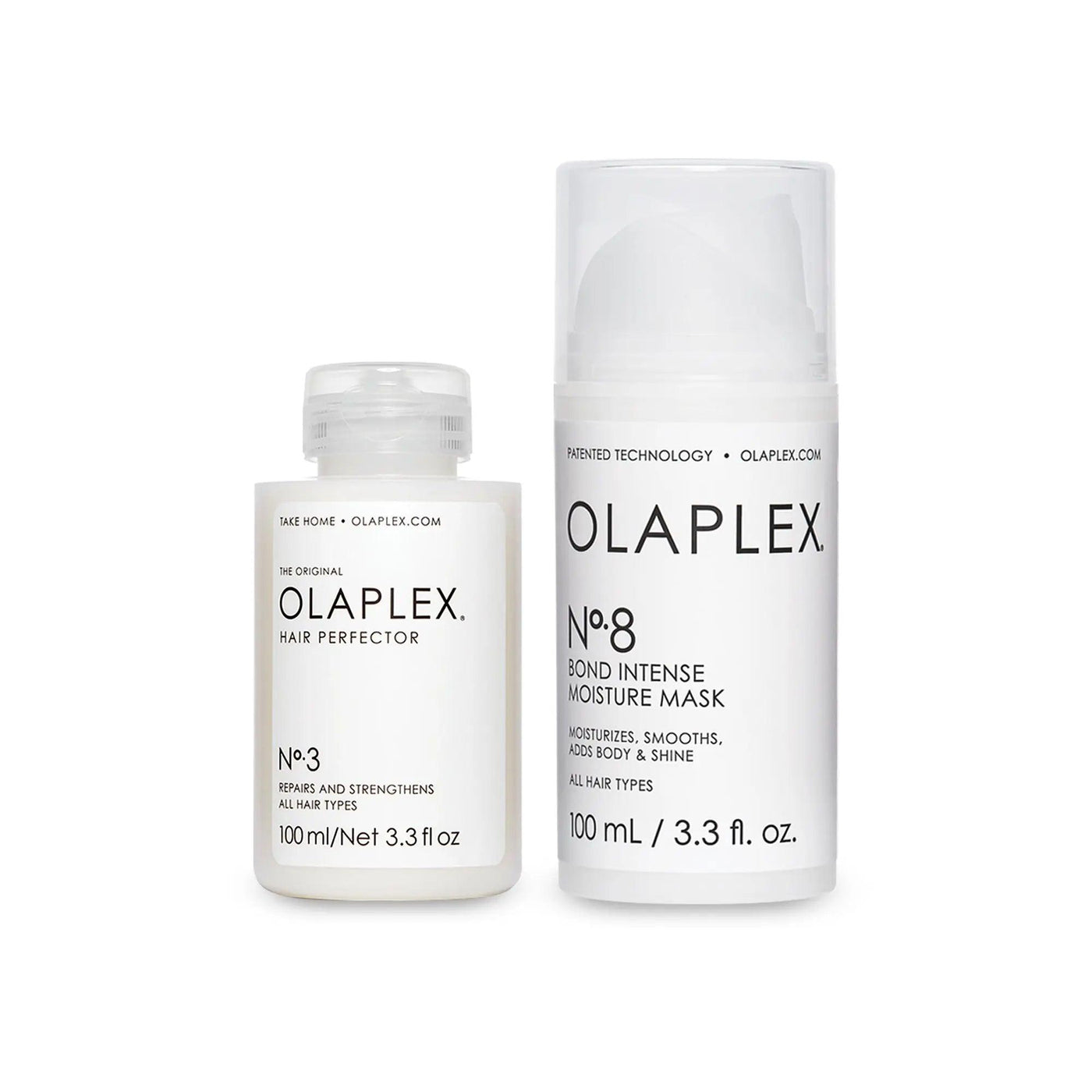 Olaplex Bond Treatment Duo, featuring Nº.3 Hair Perfector and Nº.8 Intense Moisture Mask for all hair types.