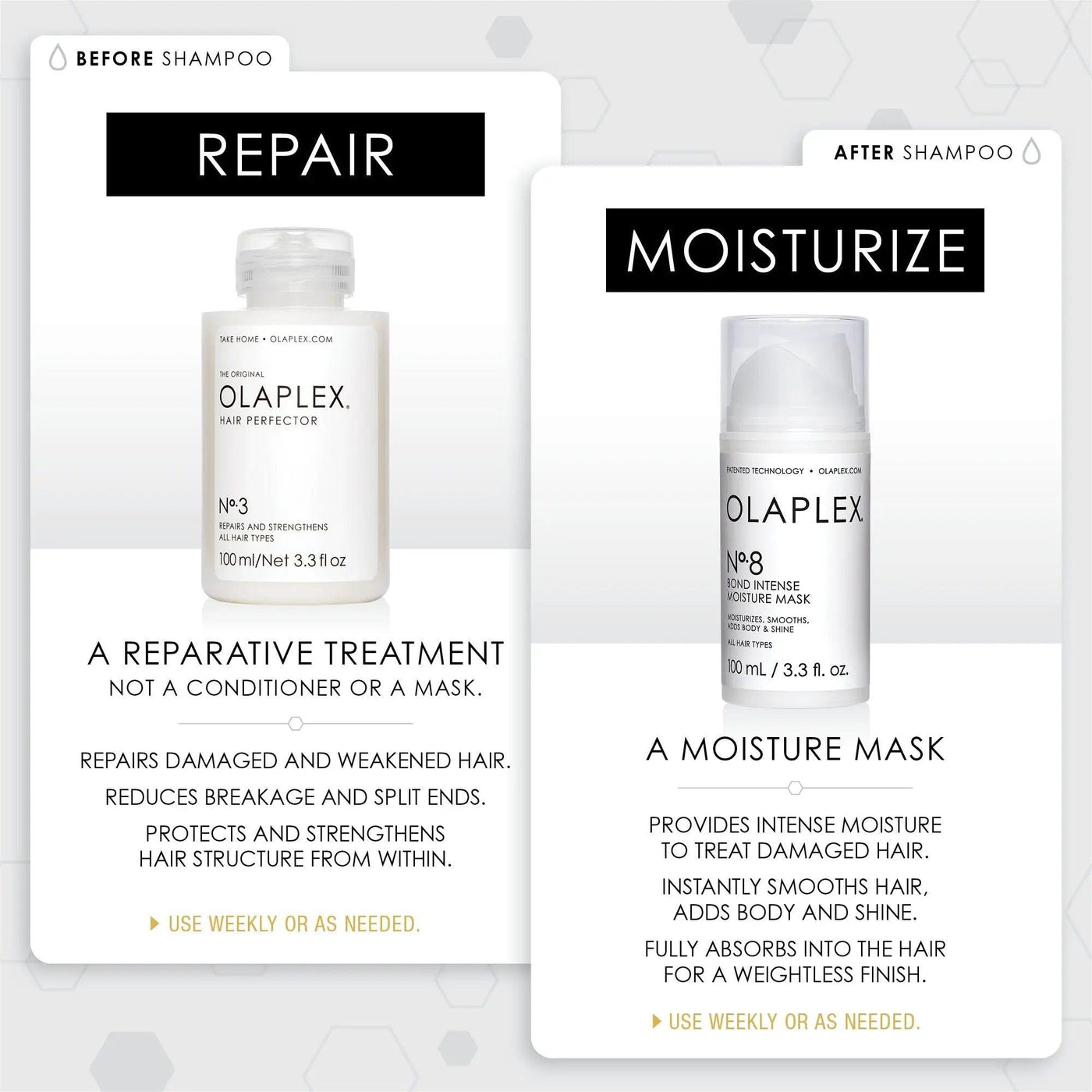 Olaplex Nº.3 Hair Perfector and Nº.8 Moisture Mask for hair repair and intense hydration. Use weekly for best results.