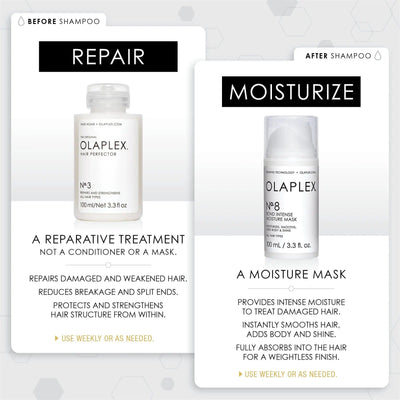 Olaplex Nº.3 Hair Perfector and Nº.8 Moisture Mask for hair repair and intense hydration. Use weekly for best results.