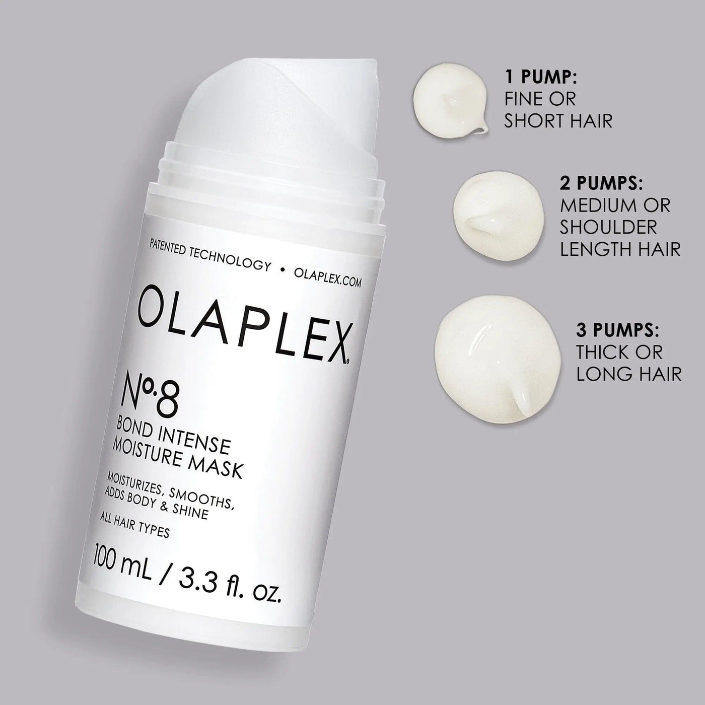 Olaplex Nº.8 Bond Intense Moisture Mask showing application guidelines for different hair types. 100ml bottle displayed.
