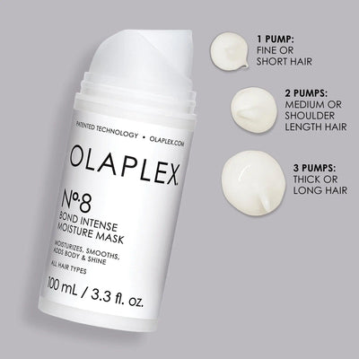 Olaplex Nº.8 Bond Intense Moisture Mask showing application guidelines for different hair types. 100ml bottle displayed.